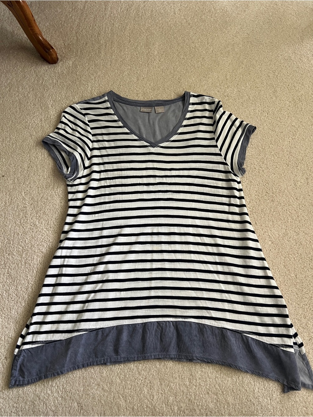 Chico's White & Gray Striped V-Neck Tee with Contrast Hem